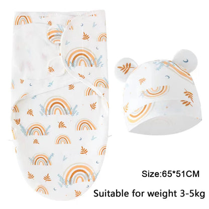 Baby Blanket Hat Set Cartoon Printed Cotton Newborn Swaddle Adjustable Infant Sleeping Swaddle Wraps All Seasons 0-6 Months