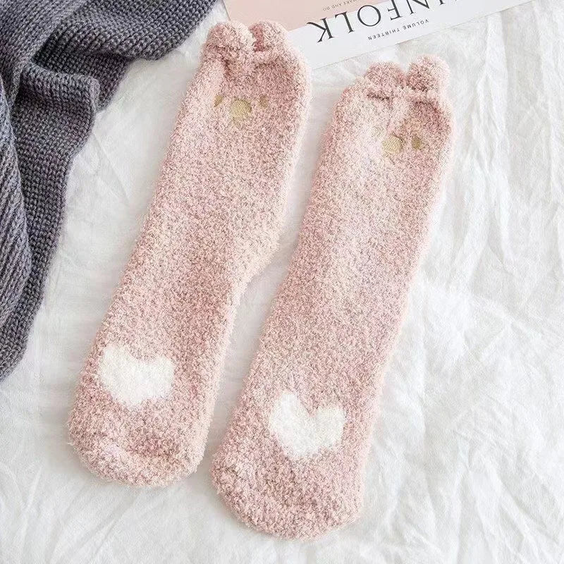 1 Pairs Warm & Fuzzy Cartoon Animal Socks, Crew Length Warm Coral Fleece Socks For Winter, Women's Stocking & Hosiery