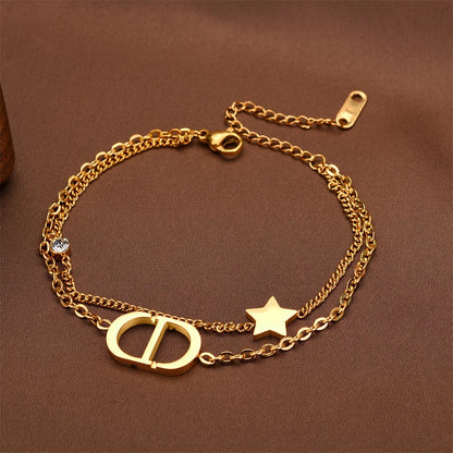 Fashionable Titanium Steel Double Layer Bracelet with Letter Star Design Simple Elegance Daily Wear Unique Style Hand Jewelry