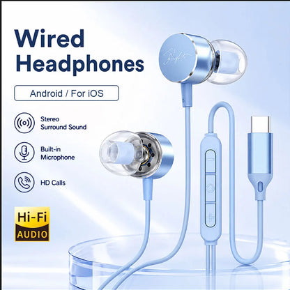 Wired Earphones 9D Surround Sound Type C Headphones Volume Control Headset With HD Mic Earbuds For iPhone 17 Pro Samsung Galaxy