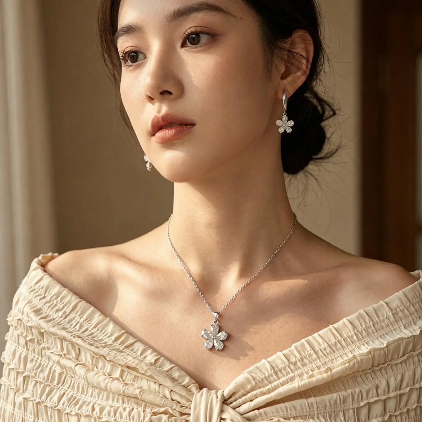 High Quality Solid 925 Sterling Silver Beautiful Flowers Drop Earrings Necklace Jewelry Sets For Women Female Wedding