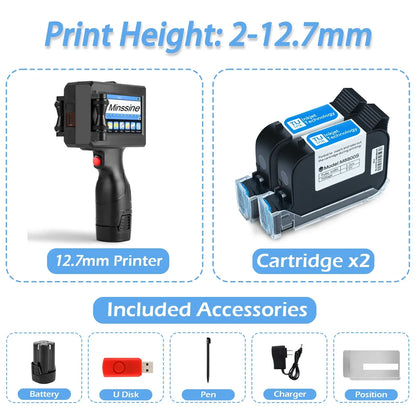 12.7/25.4mm Handheld Inkjet Printer for QR Barcode Batch Date Number Logo Expiry Date Coding Machine Non-encrypted 25 Languages