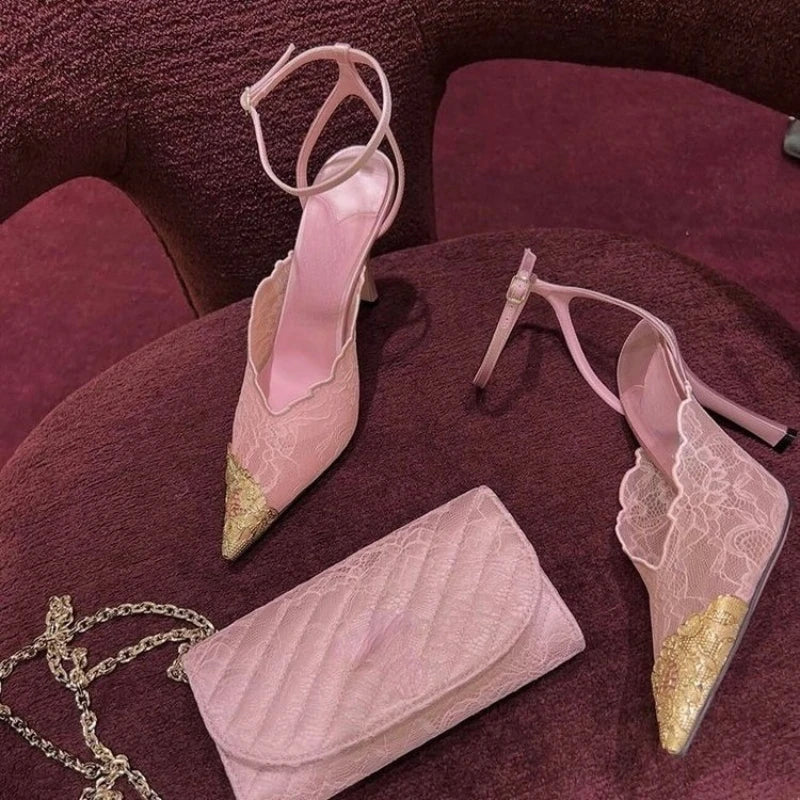 2026 Summer Fashion Lace Sequin Hollow Out Mesh Women Pumps Sexy Pointed Toe Designer Slingback Sandals Women High Heels 34-41