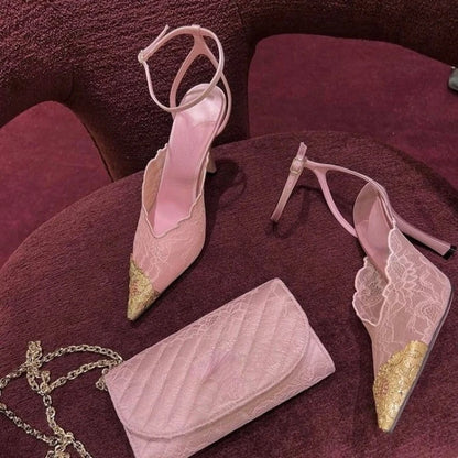 2026 Summer Fashion Lace Sequin Hollow Out Mesh Women Pumps Sexy Pointed Toe Designer Slingback Sandals Women High Heels 34-41