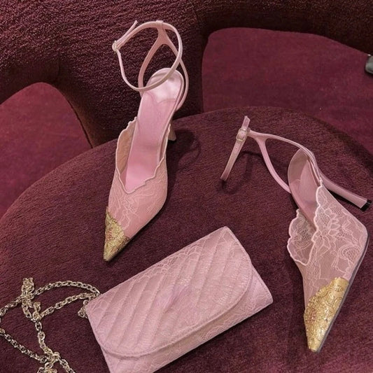 2026 Summer Fashion Lace Sequin Hollow Out Mesh Women Pumps Sexy Pointed Toe Designer Slingback Sandals Women High Heels 34-41