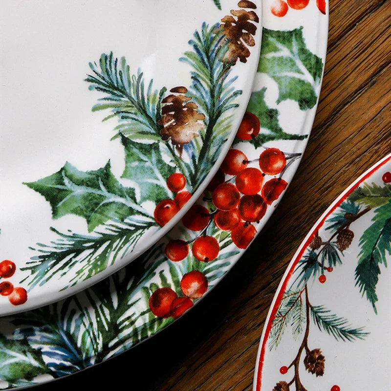 Christmas Ceramic Dinner Plate Set Household Underglaze Flat Round Dim Sum Decorative  Sushi