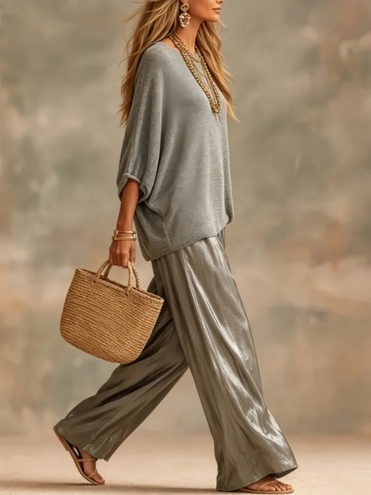 Fashion Women Trousers Suits Loose Round Neck Batwing Sleeve Knit T-shirt with Satin Wide-leg Pants Autumn Elegant Two Piece Set