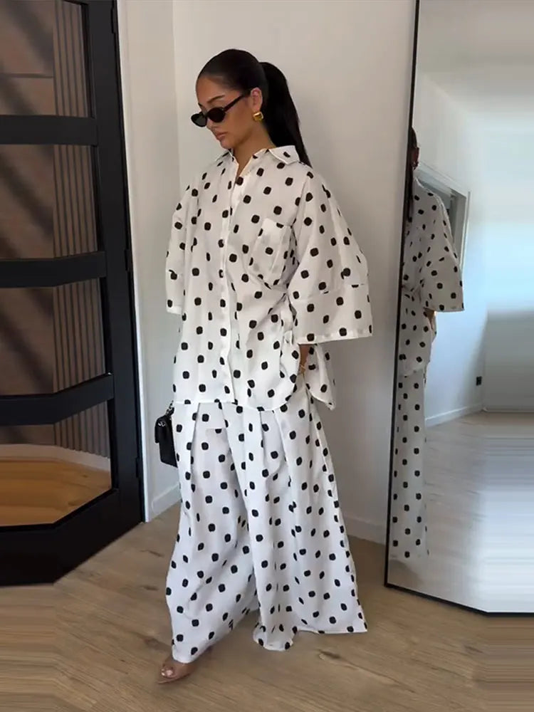 2026 Autumn Summer Polka Dot Shirt Pants Women Set Elegant Lapel Three Quarter Top Wide Leg Trousers Vacation Lady Outfit Suits