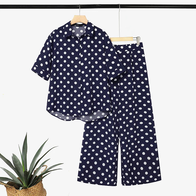 Elegant Women OL Work  Pants Sets ZANZEA Summer Lapel Neck Short Sleeve Shirt Trousers Suit Stylish Polka Dots Outfits 2 Pieces