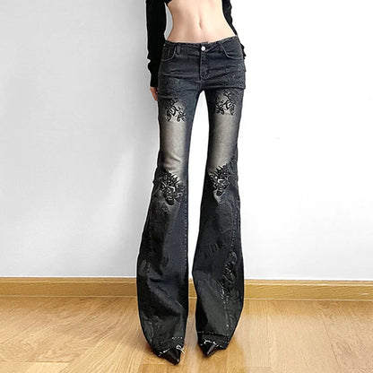 Women's Jeans  New American Retro Street Style Plant Print Washed Vintage Low-Rise Flare Pants Trendy Versatile