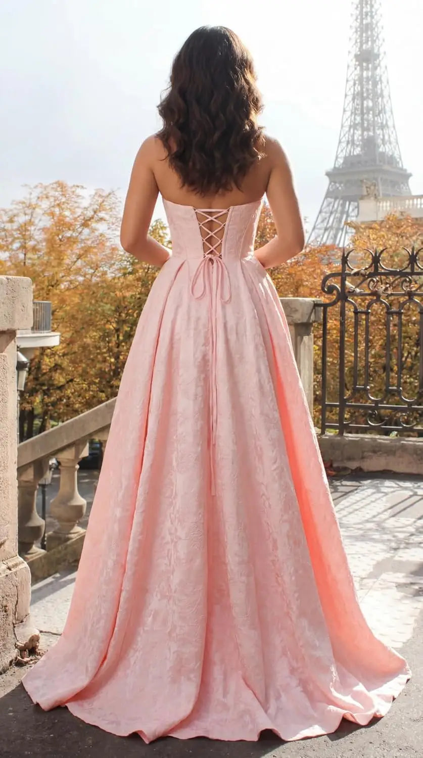 Jacquard Satin Prom Dresses with Slit Strapless Corset A Line Long Formal Gowns Party Evening Gown Formal Dress Women Elegant