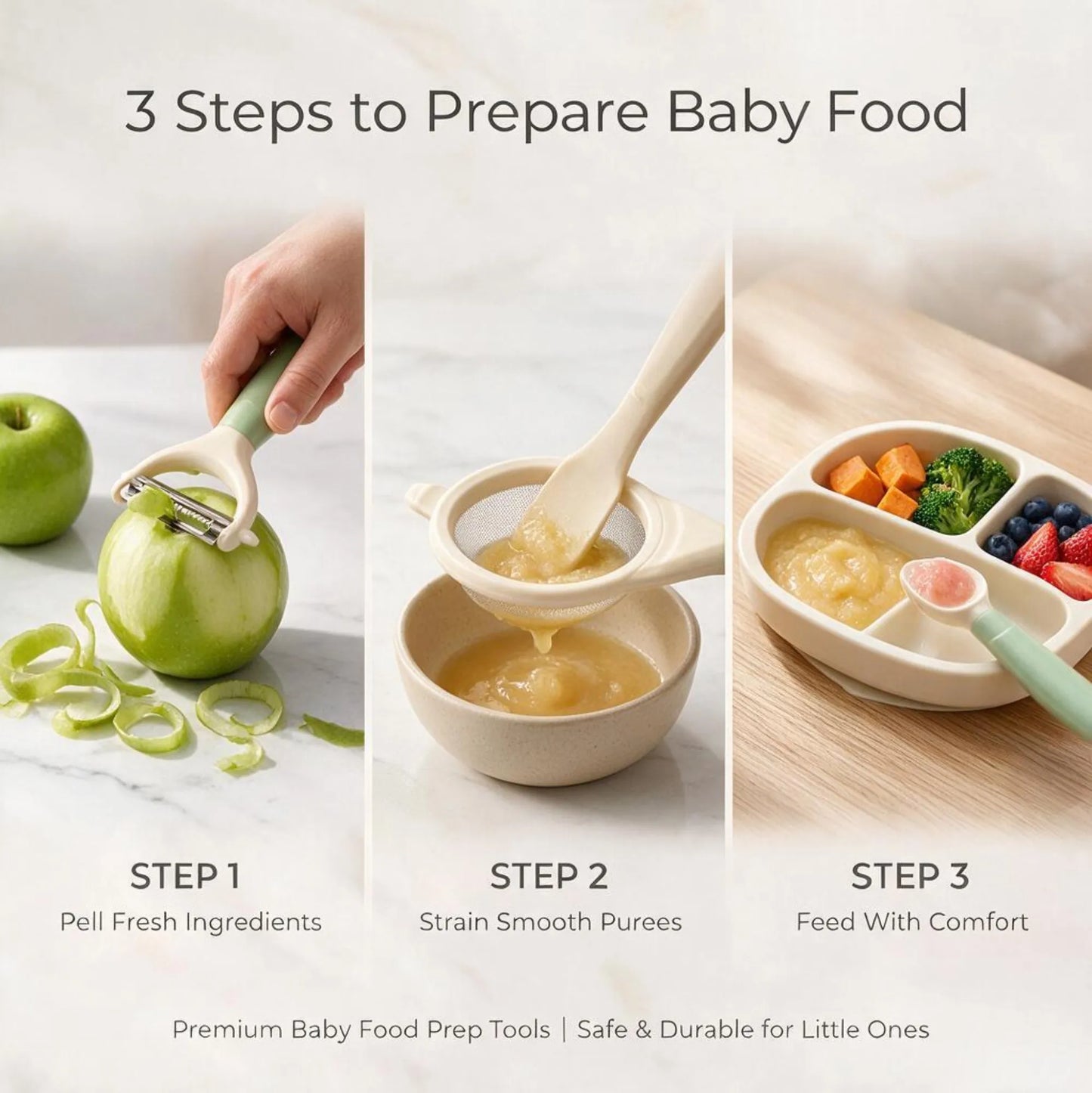 3PCS Baby Food Preparation Kit Baby Feeding Spoon Food Strainer Peeler Infant Feeding Tools