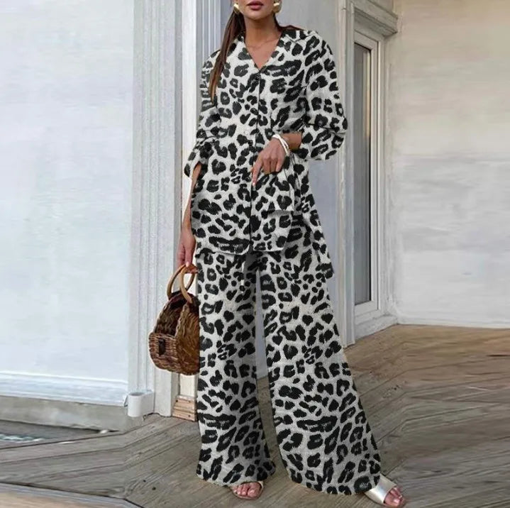 Autumn Fashion Leopard Print Women's Suit Two-piece Retro Street Print Casual Loose Long-sleeved V-neck Top Wide-leg Pants Suit