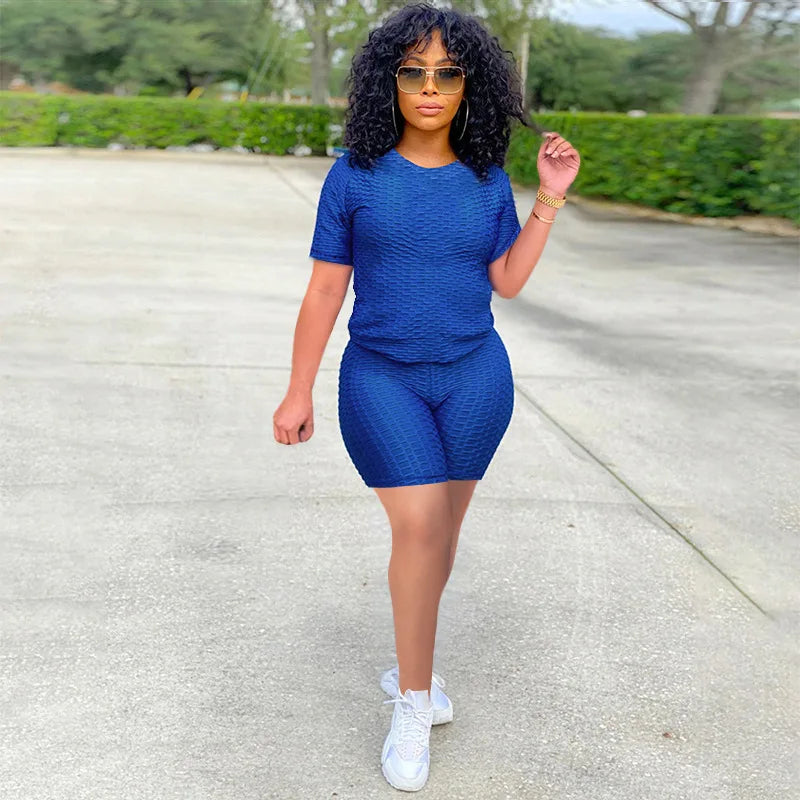 2024 New Summer Round-neck Solid Color Short-sleeved Two-piece Yoga Shorts Women's Sports Suit