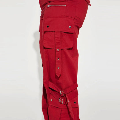 Custom Women's High Waist Cargo Pants Solid Red Canvas Loose Fit Full Length With Pockets Button Fly Utility Style OEM Supplier