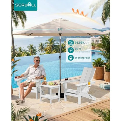Outdoor folding Adirondack chairs set of 2 with 9-ft umbrella, polywood material, classic white, weather-resistant and space-sa