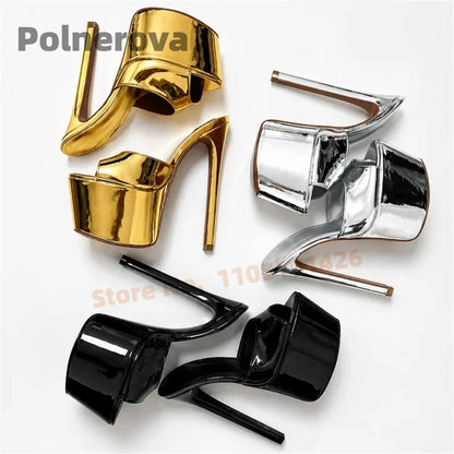 Gold Silver Platform Mules Slippers Women Extreme High Heels Pull-On Modern Slippers Open Toe Sandals Concise Outside Shoes