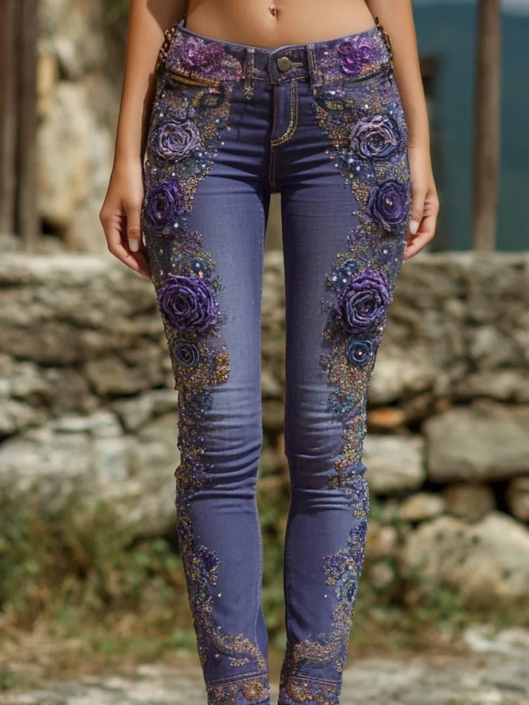 Fashion Womens Floral Print Jeans Straight Leg Casual Denim Pants 3D Design