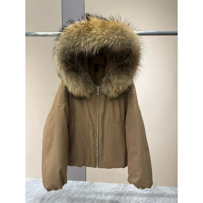 OFTBUY Natural Raccoon Fur Collar Goose Down Jacket Women Cropped Coat Winter Warm Hooded Zipper Windproof Fashion Outerwear