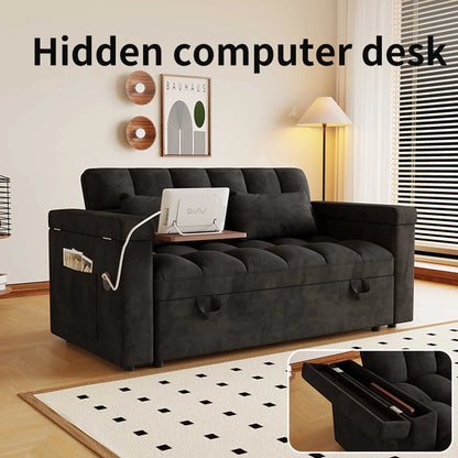 65" 3-in-1 Foldable Velvet Sofa Bed with USB Charging Port, Table Board and Storage Armrests, Adjustable Backrest Sleeper Couch for Living Room Apartment Guest Room, Black