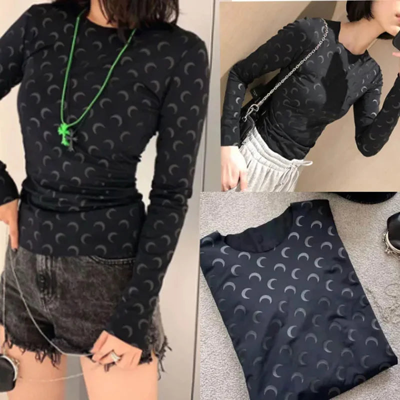 Sweet Two Piece Set Women American Retro Layered Outfit Long Sleeve Moon Print Top Ice Silk Pants Sexy Casual Autumn Fashion