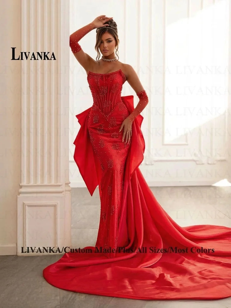 LIVANKA Exquisite Mermaid Prom Dress Rhinestones Corset Bowknot Lacing Up Strapless Royal Train Vestido De Formatura Customized