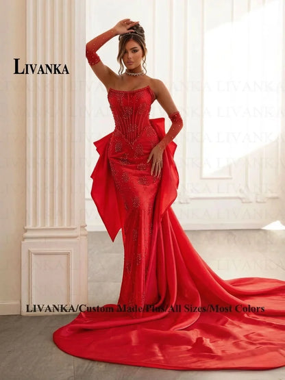 LIVANKA Exquisite Mermaid Prom Dress Rhinestones Corset Bowknot Lacing Up Strapless Royal Train Vestido De Formatura Customized