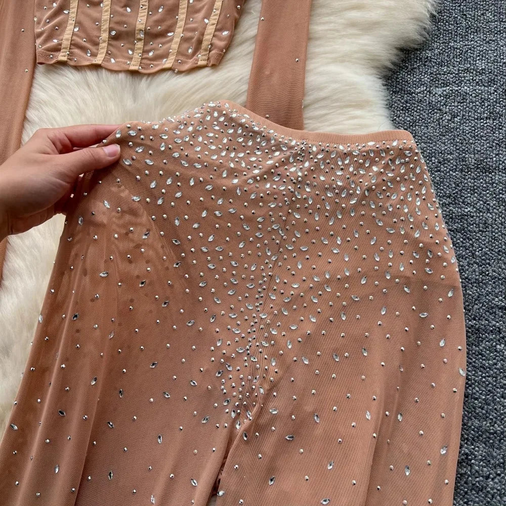 Fashion See Through Mesh Rhinestone Chic Long Sleeve Slim Short Top High Waist Wide Leg Pants Evening High Street Two-piece Sets