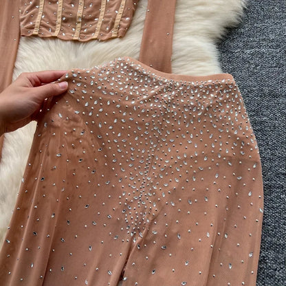 Fashion See Through Mesh Rhinestone Chic Long Sleeve Slim Short Top High Waist Wide Leg Pants Evening High Street Two-piece Sets