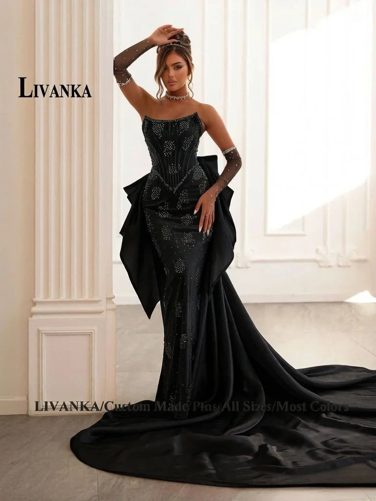 LIVANKA Exquisite Mermaid Prom Dress Rhinestones Corset Bowknot Lacing Up Strapless Royal Train Vestido De Formatura Customized