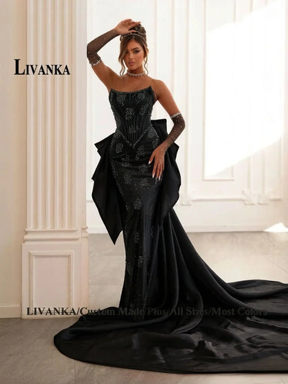 LIVANKA Exquisite Mermaid Prom Dress Rhinestones Corset Bowknot Lacing Up Strapless Royal Train Vestido De Formatura Customized