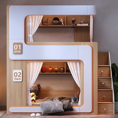 Simple Small Space Bunk Bed for Kids Floating Style High Guardrail Privacy Separated Twin Bed with Double Bookshelves