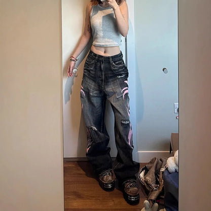 Y2K American Vintage Mottled Totem Print Baggy Jeans Women's High Waist Wide Leg Jeans Women's  Trendy Hip-hop Jeans