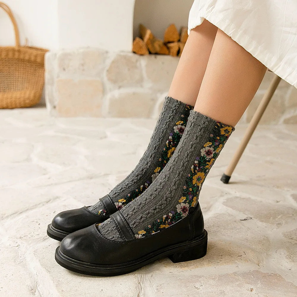 Autumn Winter Japanese Harajuku Woman Socks Popsocket Cotton with Flowers Funny Socks Women Kawaii Girls Calcetines Mujer 190