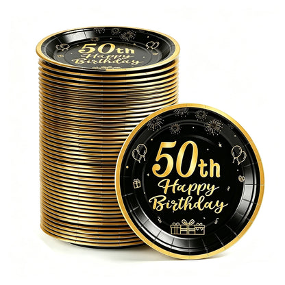 8-40pcs Men Women Adult 18th 30th 40th 50th 60th Birthday Party Decoration Supplies Black Gold Disposable 7/9inch Paper Plates
