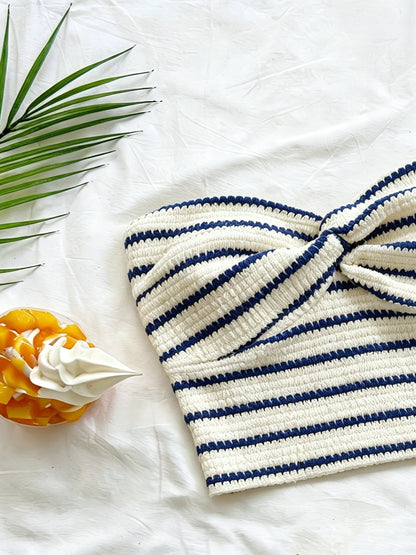 Striped Knit 2-Piece Set, Twist-Front Bandeau Top + Shorts