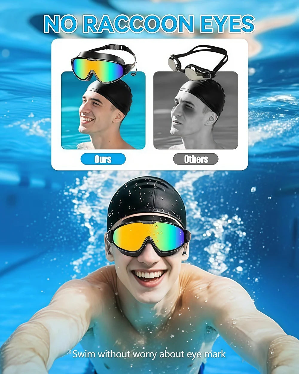Adult Wide View Swim Goggles Anti-Fog Anti-UV No Leak Swimming Glasses with Earplugs for Men And Women Youth