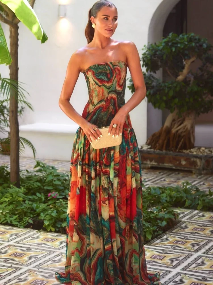 New Pleated Waist Strapless Dress Women's Printed Colorful Long Gown Elegant Fashionable Summer Dress