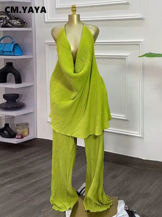 CM.YAYA Fashion Women's Set Deep V-neck Halter Top and Wide Leg Pants Suits 2025 Street Party Two 2 Piece Sets Outfits Tracksuit
