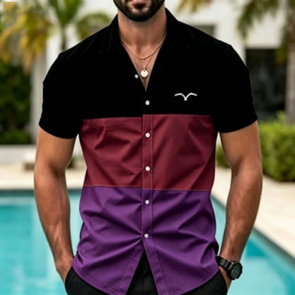 Men's short sleeved shirt with contrasting color splicing, geometric color block printed collar shirt, European and American str