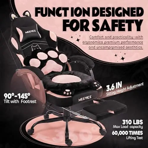 Pink Gaming Chair Cute with Cat Ears Paw Lumbar and Cushion,Ergonomic Computer Chair with Footrest,Reclining PC Game