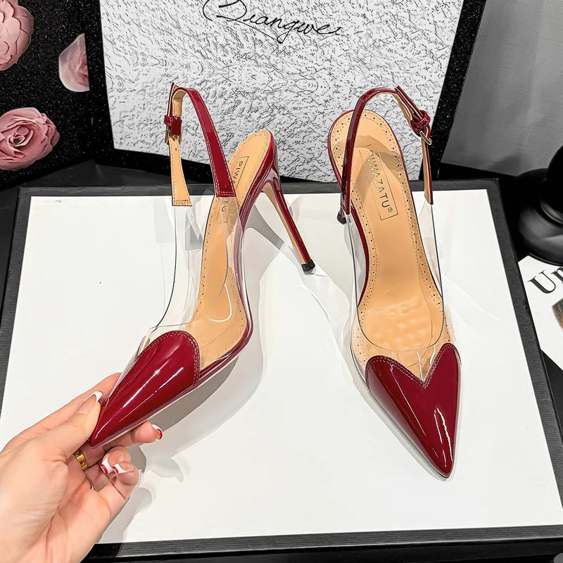 2026 Summer New Fairy-style Heart-shaped Pointed Toe Thin Heel Sandals for Women Transparent Patchwork Headpiece Back High Heels