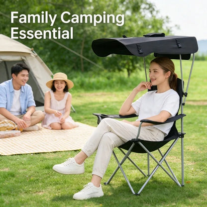 Portable Folding Camping Chair With Adjustable Sun Canopy, Heavy Duty Beach Lawn Chair With Cup Holder Side Pocket, Lightweight Foldable Outdoor Chair For Fishing Picnic Poolside Travel Garden