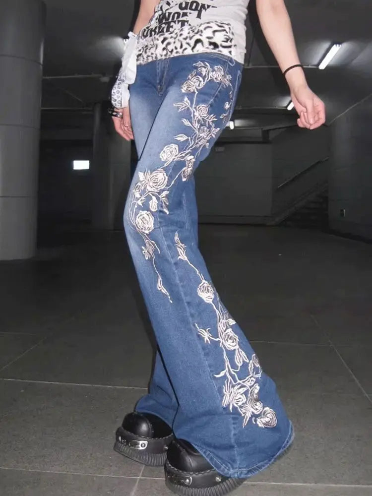 Women's American Retro High Street Flare Jeans Delicate Rose Embroidery Slim Fit Wide Leg Denim Pants with Flattering Silhouette