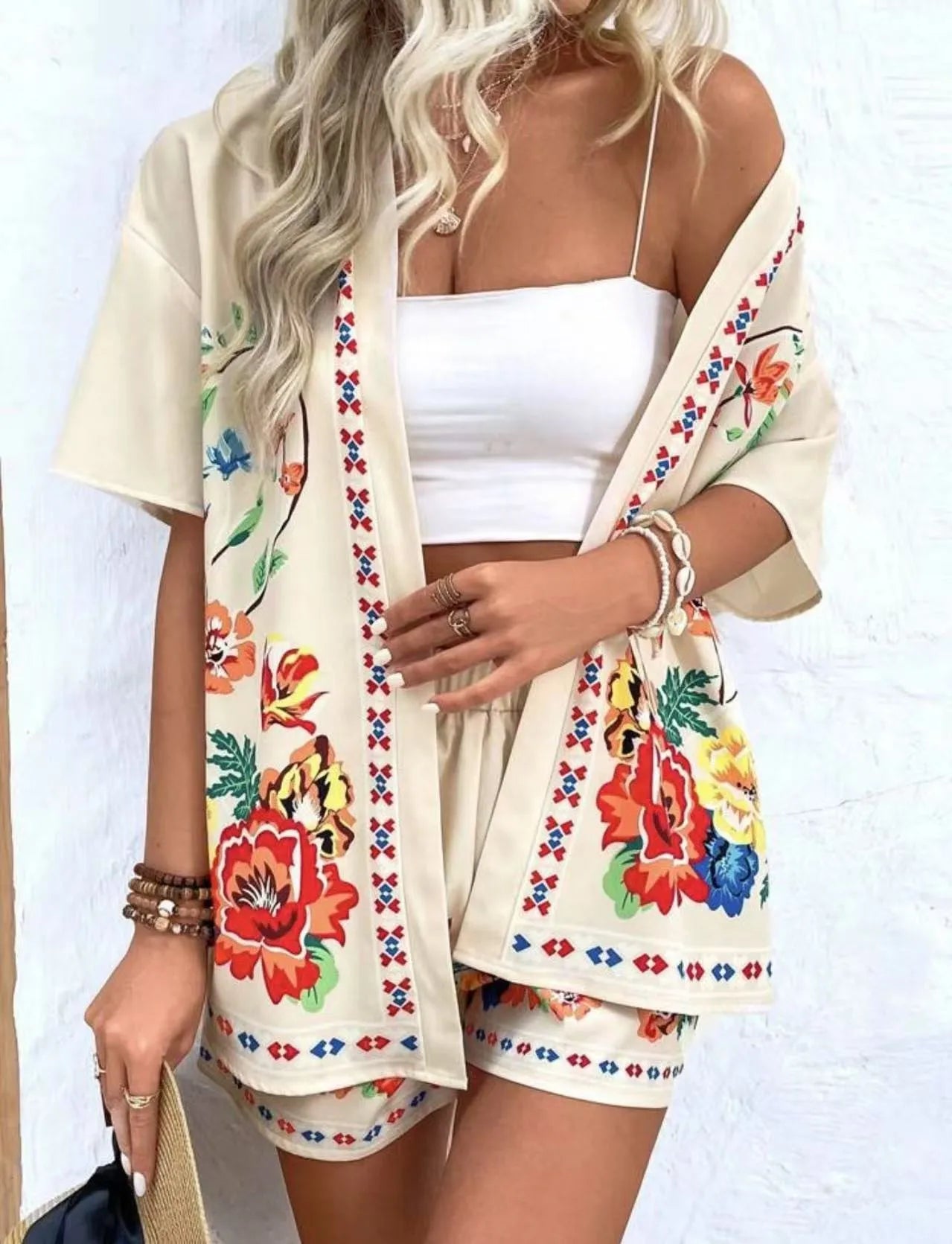 Summer Women's Suit With Shorts Printed Crop Top Short Pants Blue Patterned Set Green Floral Casual Shorts