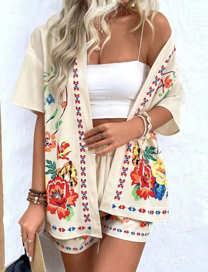 Summer Women's Suit With Shorts Printed Crop Top Short Pants Blue Patterned Set Green Floral Casual Shorts