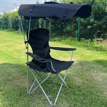 Portable Folding Camping Chair With Adjustable Sun Canopy, Heavy Duty Beach Lawn Chair With Cup Holder Side Pocket, Lightweight Foldable Outdoor Chair For Fishing Picnic Poolside Travel Garden
