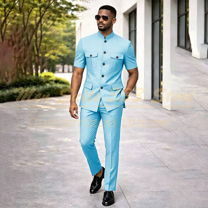 Summer Safari Men's Suits Fashion Regular Fit Short Sleeve Blazer Elegant Luxury Single Breasted 2 Piece Jacket Pants Outfits