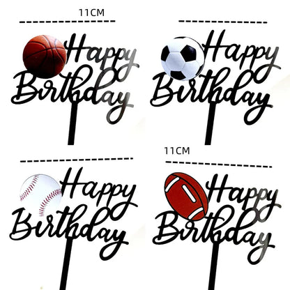 New Football Happy Birthday Cake Topper Decoration Basketball Tennis Rugby Acrylic Kids Party Gift Cake Toppers Baking Supplies