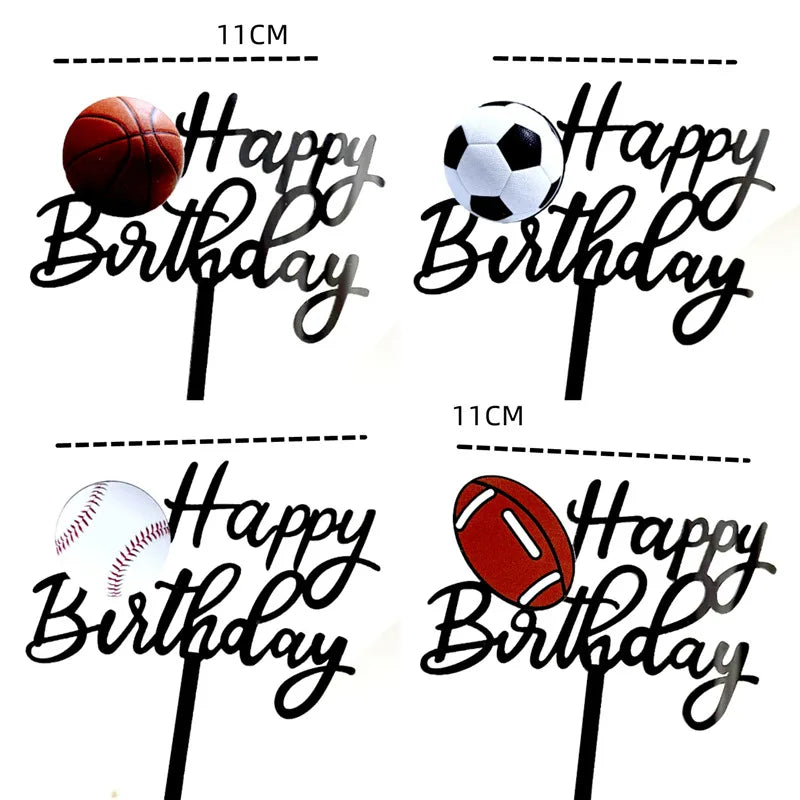 New Football Happy Birthday Cake Topper Decoration Basketball Tennis Rugby Acrylic Kids Party Gift Cake Toppers Baking Supplies